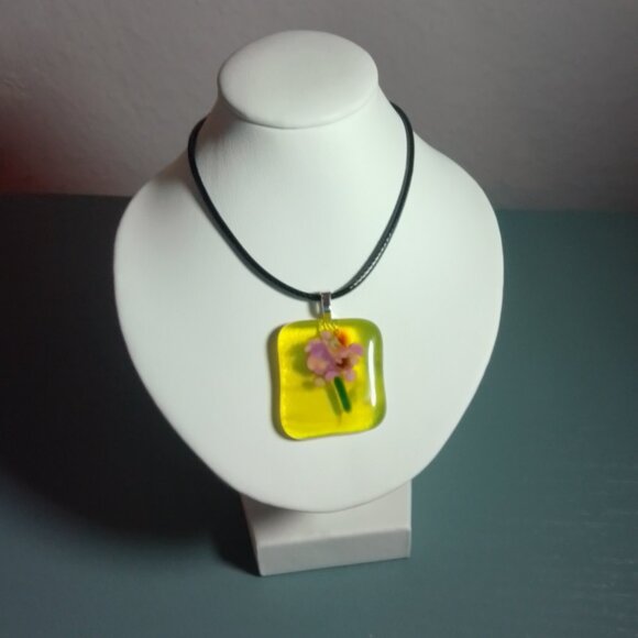 One-of-a-Kind Yellow & Pink Nature Inspired Fused Glass Pendant Necklace - Picture 4 of 9